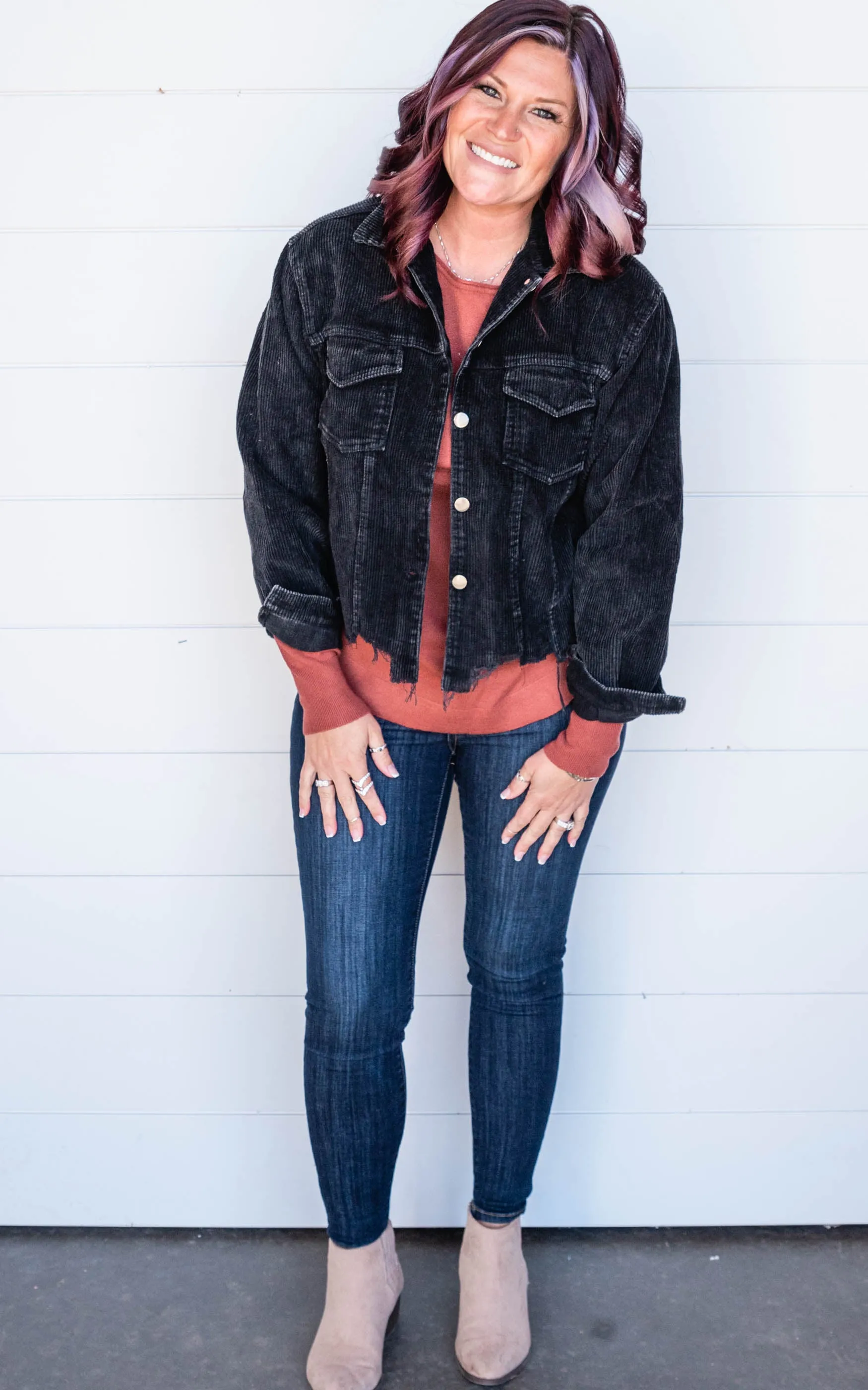 Black Raw Hem Corduroy Jacket -POL