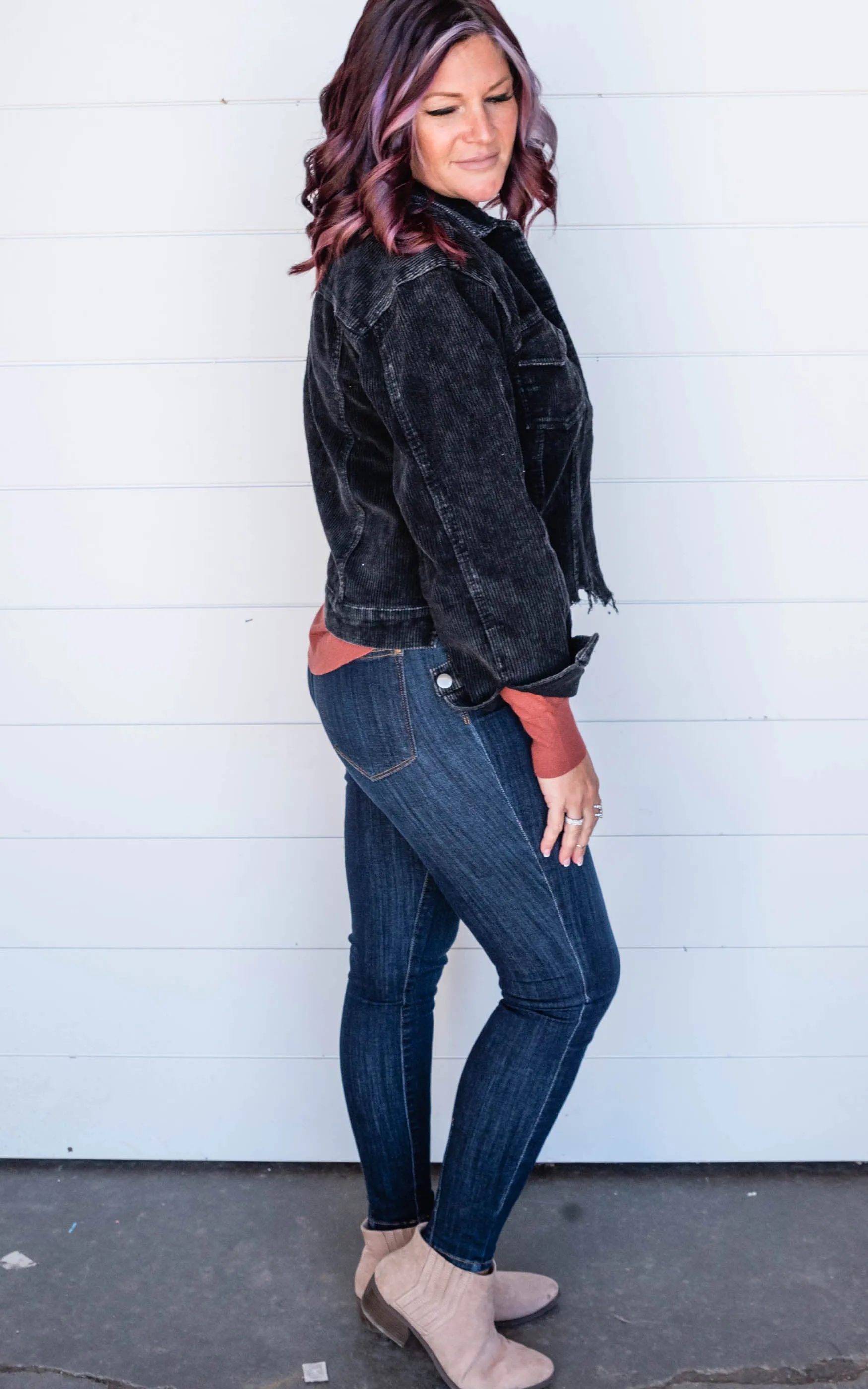 Black Raw Hem Corduroy Jacket -POL