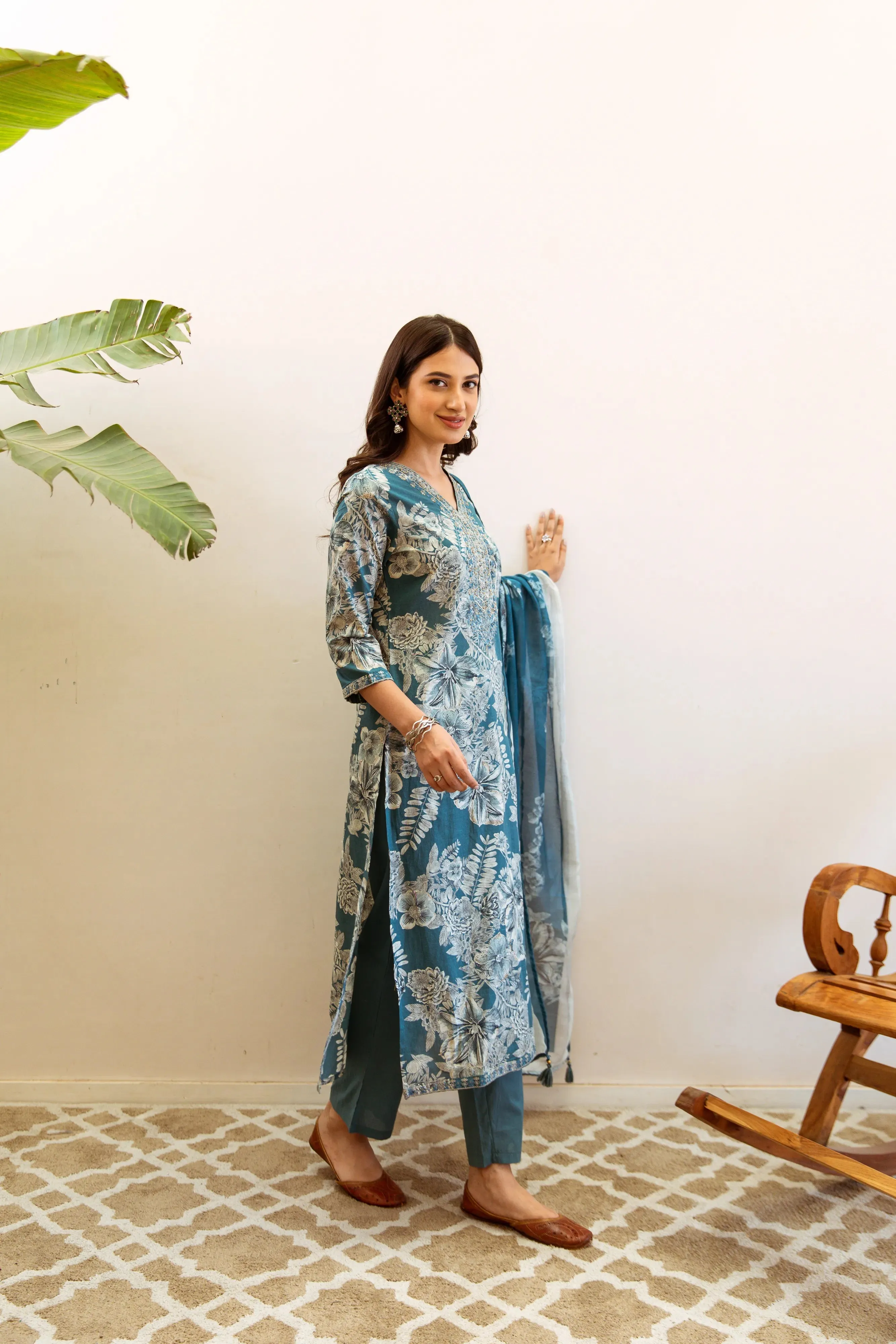 Blue Turquoise Floral Printed Ethnic German Rayon Set with dupatta