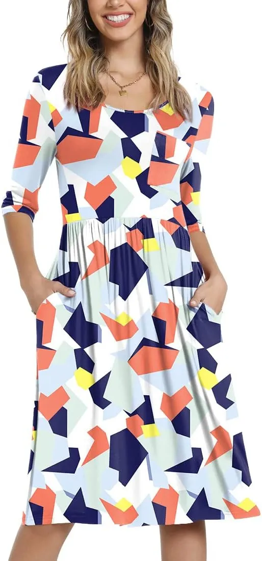 CATHY Women's 3/4 Sleeve 2025 Casual High Waist Round Neck Midi Dress with Pockets