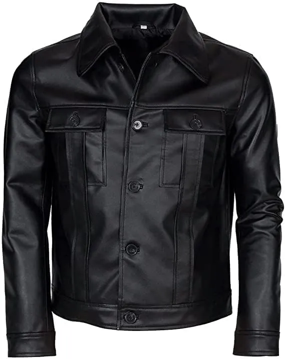Classic American Singer Popstar Black Faux Leather Comeback Special Elvis Shirt Jacket - Leather Jacket Men