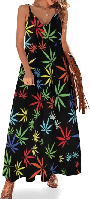 Colorful Marijuana Weed Leaf Suspender Dresses Women Ankle Length Summer Dress Sexy Maxi Skirts Sleeveless Casual