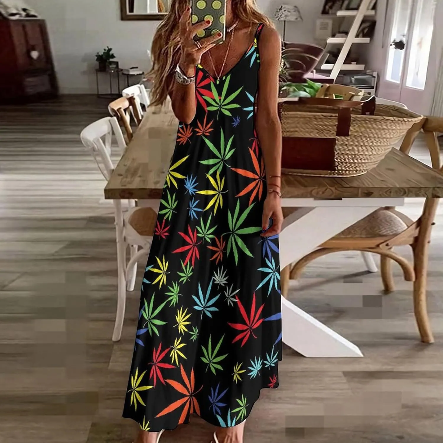 Colorful Marijuana Weed Leaf Suspender Dresses Women Ankle Length Summer Dress Sexy Maxi Skirts Sleeveless Casual
