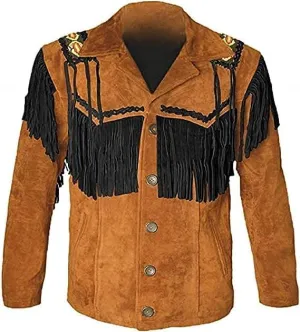 Cowboy Western Leather Coat with Fringe Native American Jacket Suede Beaded Vintage Classic Leather