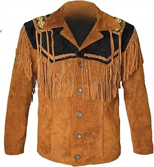 Cowboy Western Leather Coat with Fringe Native American Jacket Suede Beaded Vintage Classic Leather