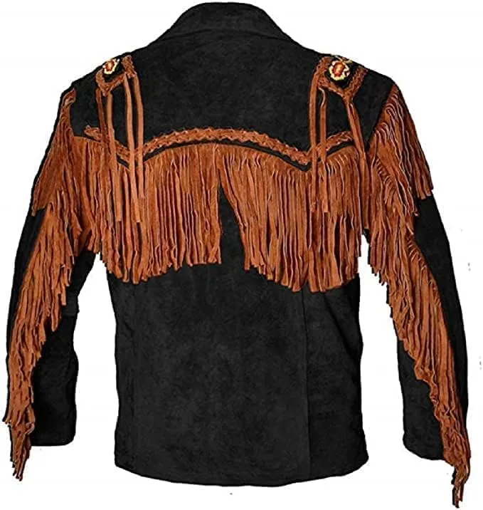 Cowboy Western Leather Coat with Fringe Native American Jacket Suede Beaded Vintage Classic Leather