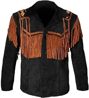 Cowboy Western Leather Coat with Fringe Native American Jacket Suede Beaded Vintage Classic Leather