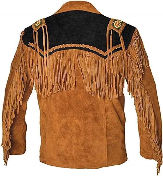 Cowboy Western Leather Coat with Fringe Native American Jacket Suede Beaded Vintage Classic Leather