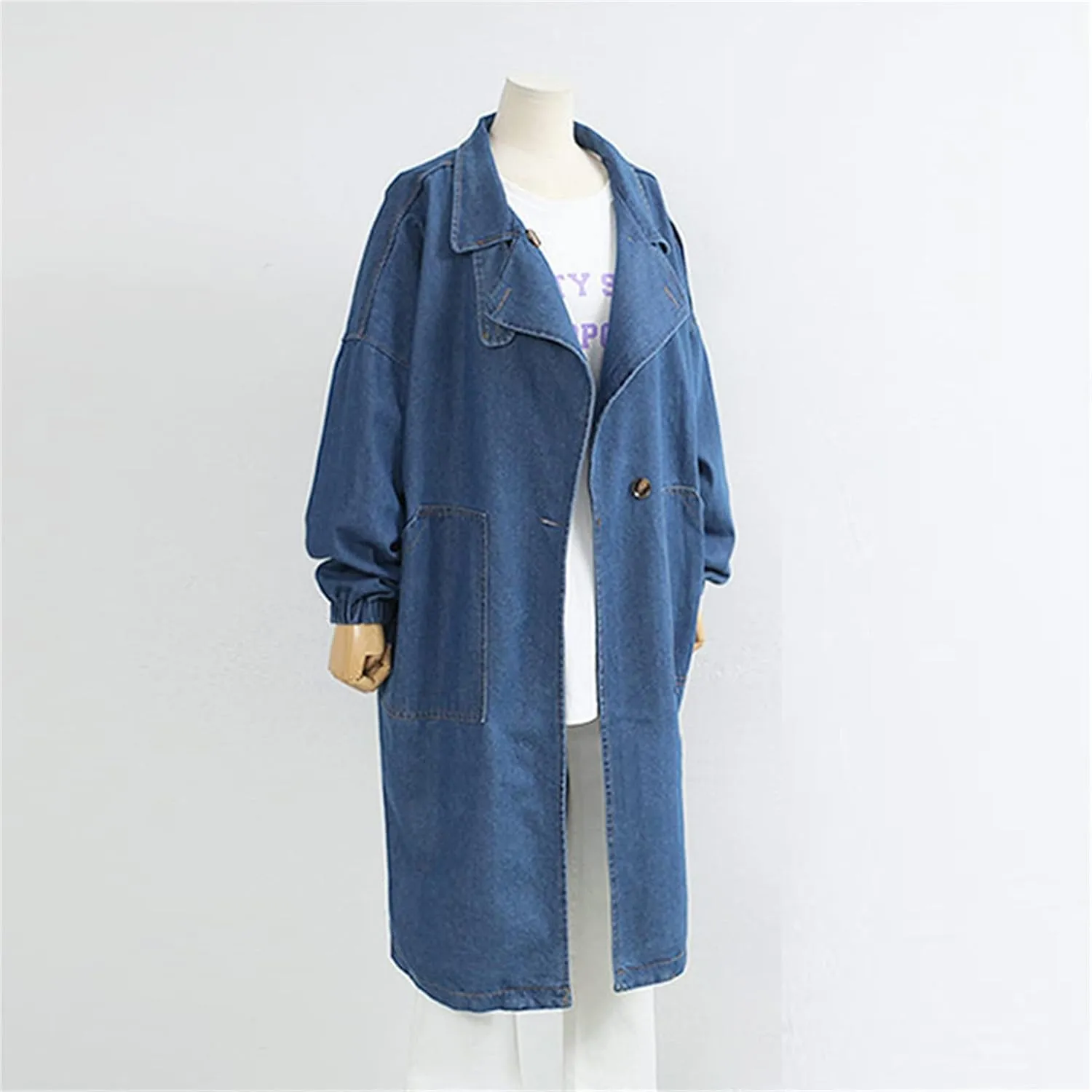 DGHM-JLMY Ladies Casual Denim Windbreaker Long Loose Coat Classic Long Jean Jacket Denim Jacket Trench Coat Long Sleeve