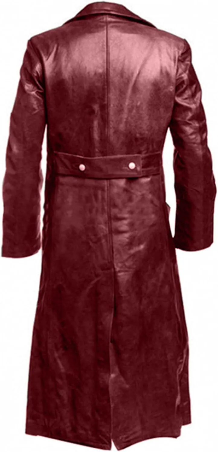 DGHM-JLMY Men's Vintage Leather Jackets Classic Uniform Black Leather Trench Coat Jacket Long Overcoat Motorcycle Jacket