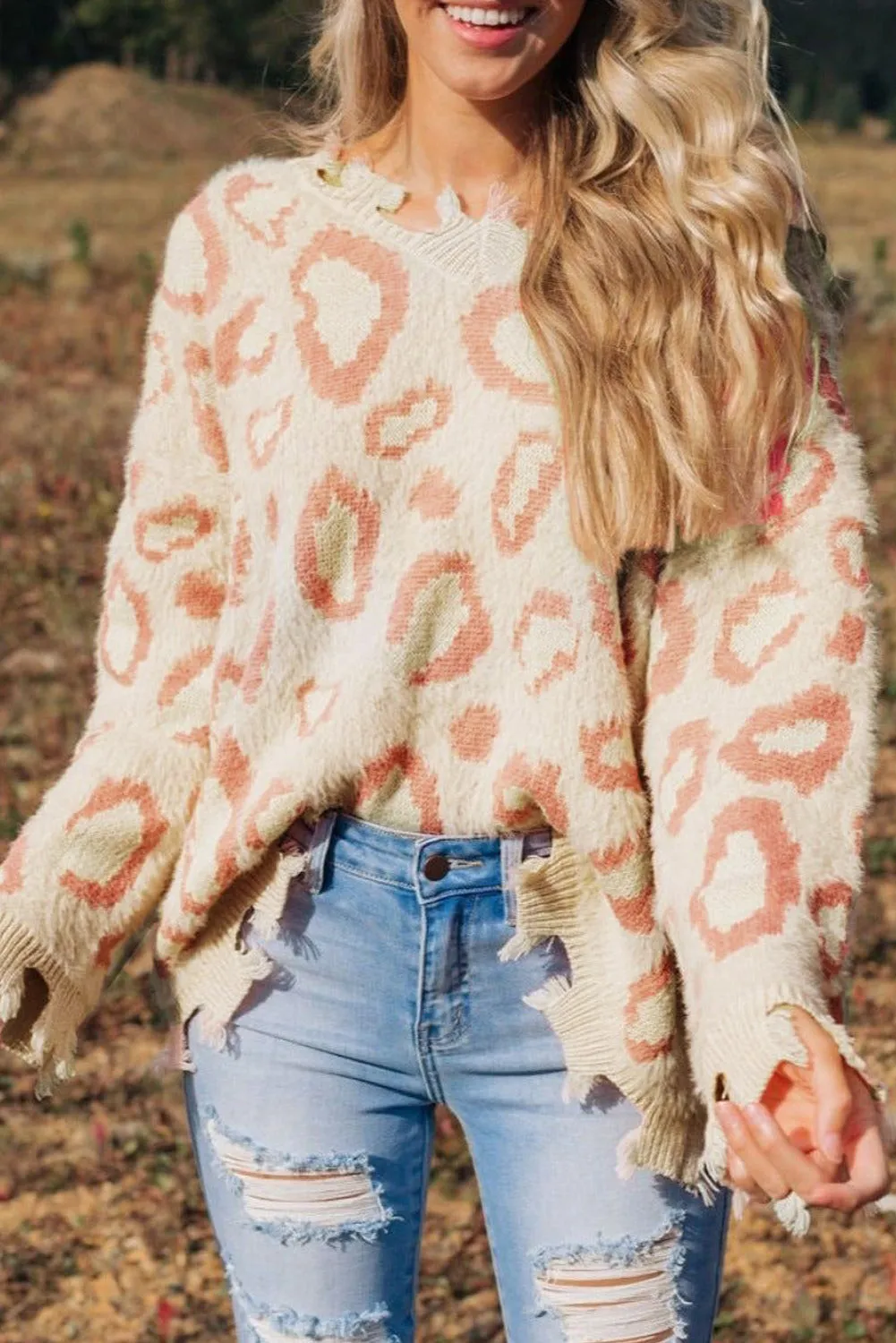 Distressed Trim Leopard V-Neck Sweater | Sweaters | Casual Sweater