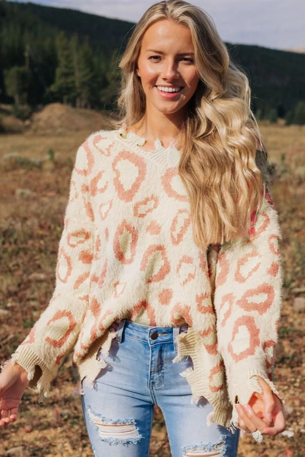 Distressed Trim Leopard V-Neck Sweater | Sweaters | Casual Sweater