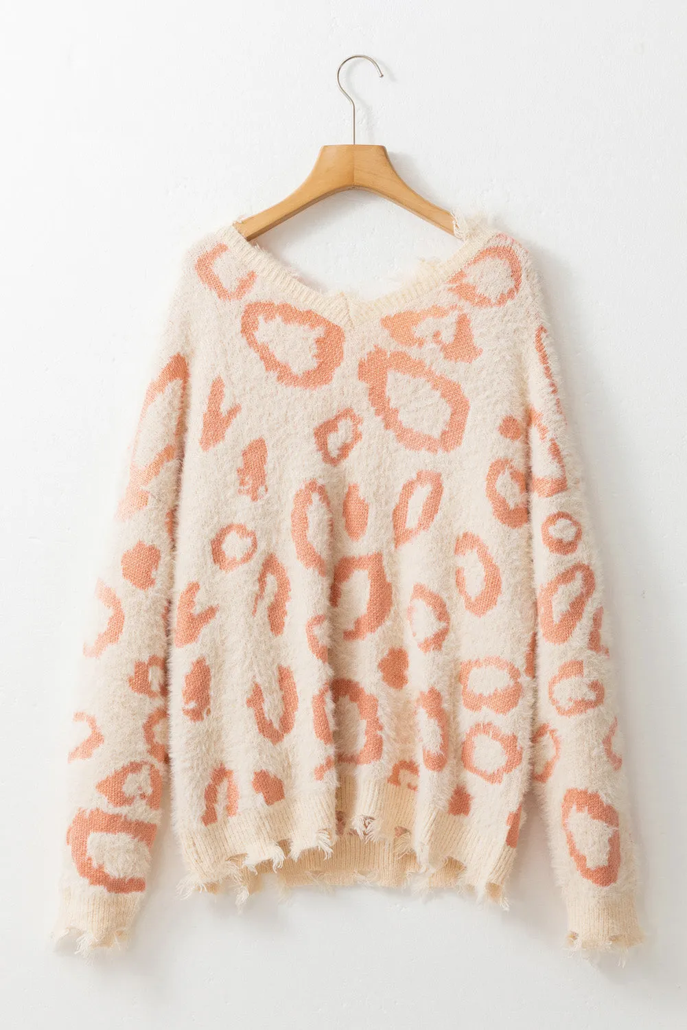 Distressed Trim Leopard V-Neck Sweater | Sweaters | Casual Sweater