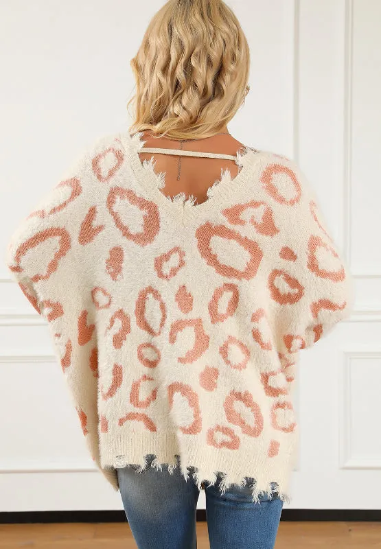 Distressed Trim Leopard V-Neck Sweater | Sweaters | Casual Sweater