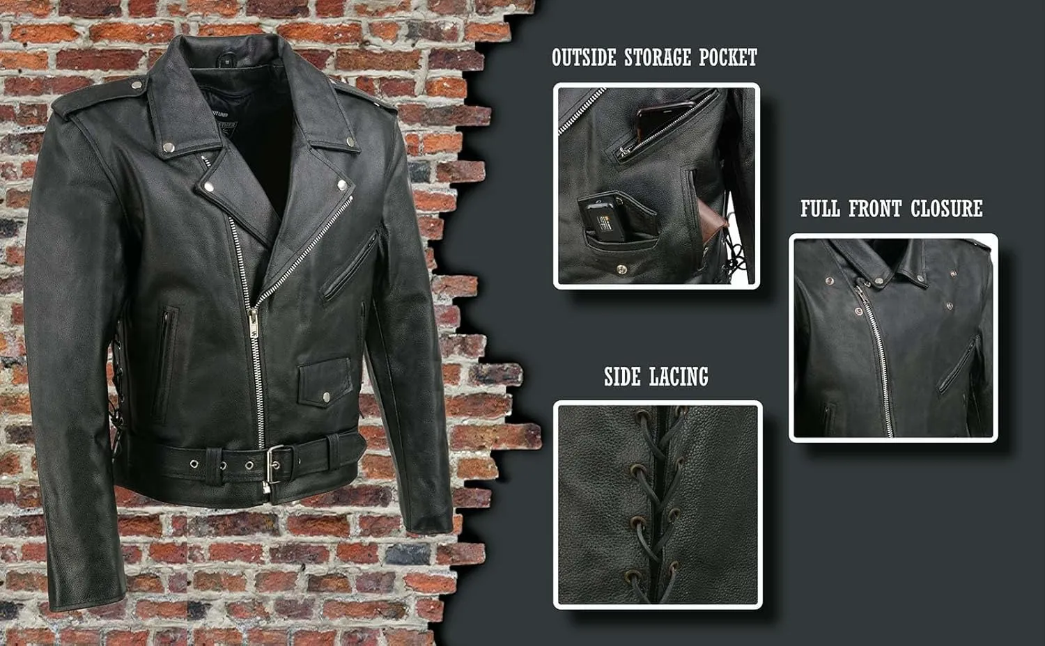 EL5411 Men's Black Classic Side Lace Motorcycle Leather Jacket  Motorcycle Riding Jackets