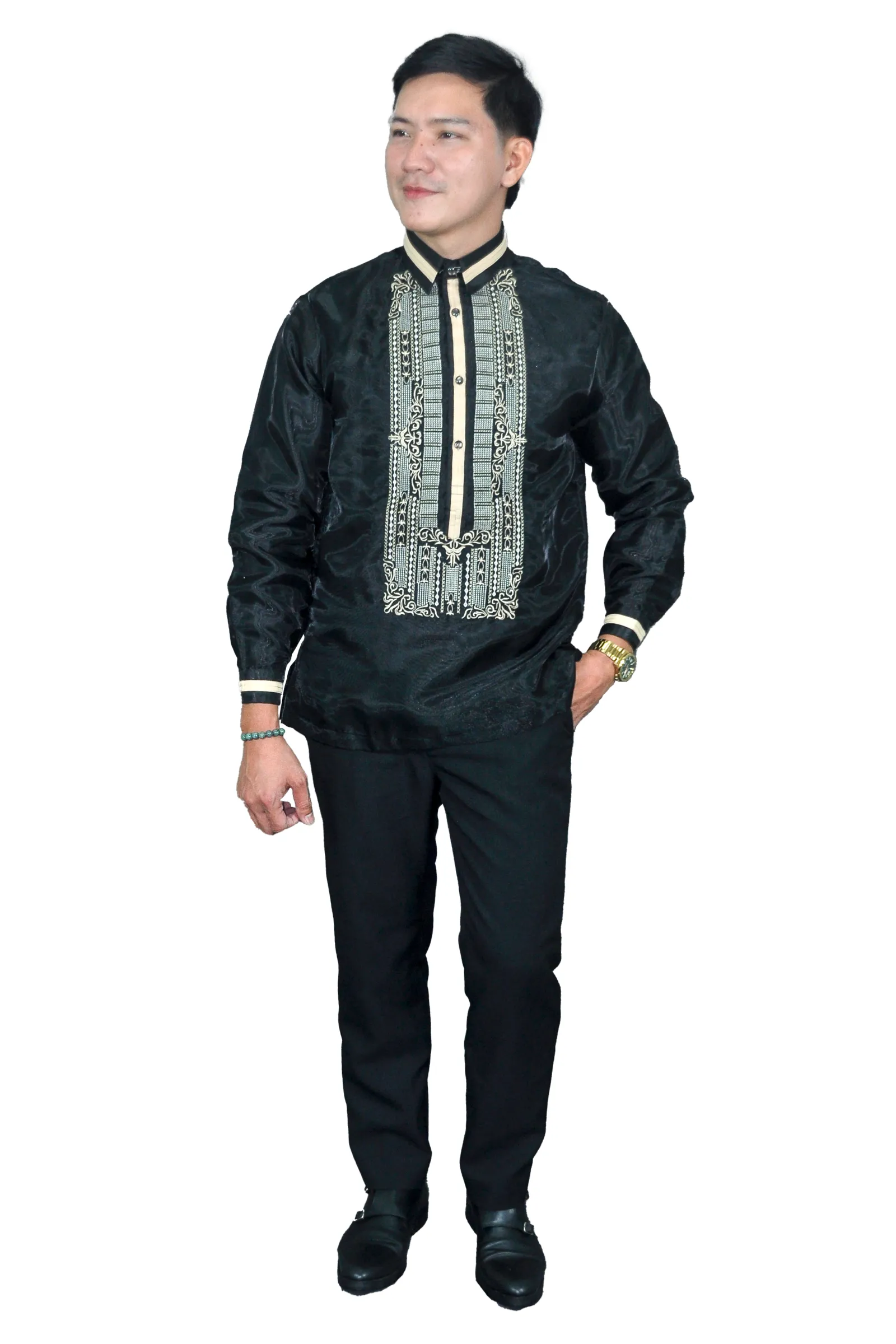 Elegant Black Barong Tagalog with Intricate Embroidery - Mike - JN66