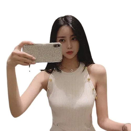 Golden Buttons Hollow Out Design Thin Knitted Sleeveless Stylish Top For Women