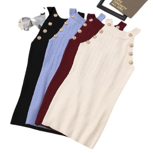 Golden Buttons Hollow Out Design Thin Knitted Sleeveless Stylish Top For Women