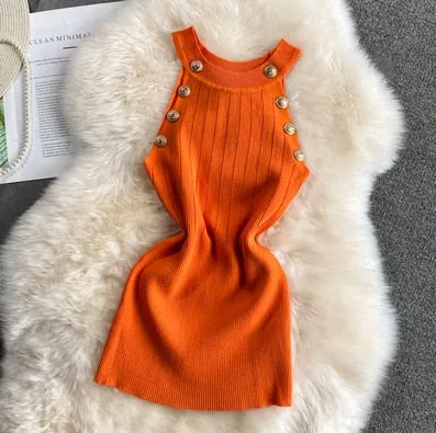 Golden Buttons Hollow Out Design Thin Knitted Sleeveless Stylish Top For Women