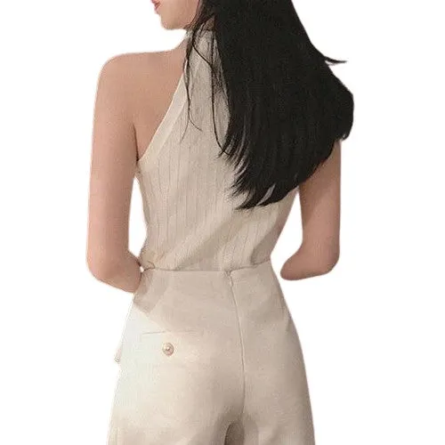 Golden Buttons Hollow Out Design Thin Knitted Sleeveless Stylish Top For Women