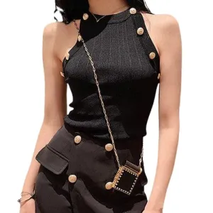 Golden Buttons Hollow Out Design Thin Knitted Sleeveless Stylish Top For Women