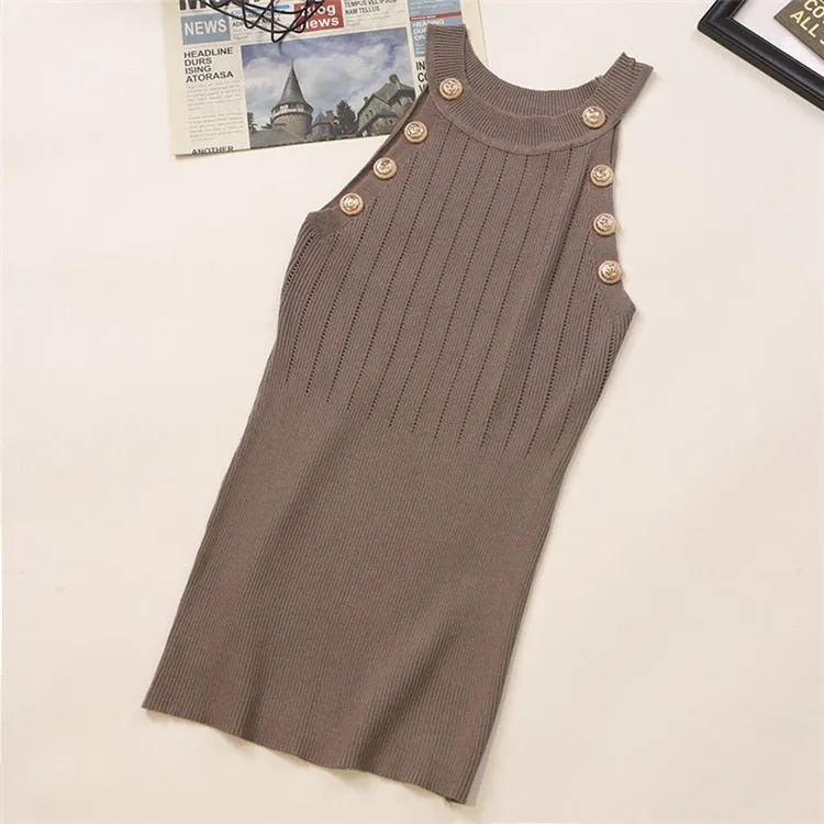 Golden Buttons Hollow Out Design Thin Knitted Sleeveless Stylish Top For Women