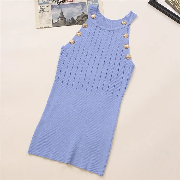 Golden Buttons Hollow Out Design Thin Knitted Sleeveless Stylish Top For Women