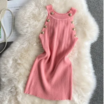 Golden Buttons Hollow Out Design Thin Knitted Sleeveless Stylish Top For Women