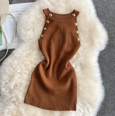 Golden Buttons Hollow Out Design Thin Knitted Sleeveless Stylish Top For Women