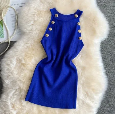 Golden Buttons Hollow Out Design Thin Knitted Sleeveless Stylish Top For Women