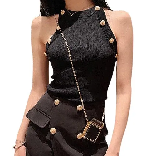 Golden Buttons Hollow Out Design Thin Knitted Sleeveless Stylish Top For Women