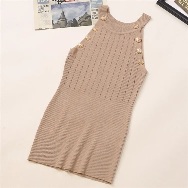 Golden Buttons Hollow Out Design Thin Knitted Sleeveless Stylish Top For Women