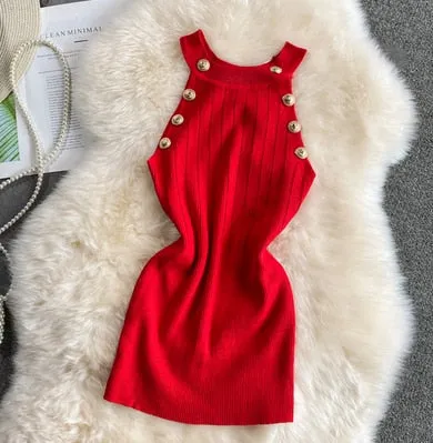 Golden Buttons Hollow Out Design Thin Knitted Sleeveless Stylish Top For Women