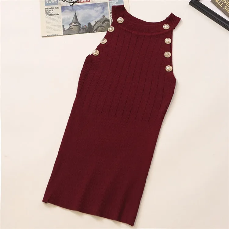 Golden Buttons Hollow Out Design Thin Knitted Sleeveless Stylish Top For Women