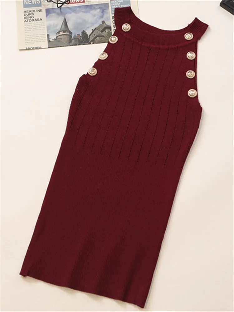 Golden Buttons Hollow Out Design Thin Knitted Sleeveless Stylish Top For Women