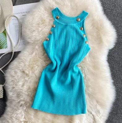 Golden Buttons Hollow Out Design Thin Knitted Sleeveless Stylish Top For Women