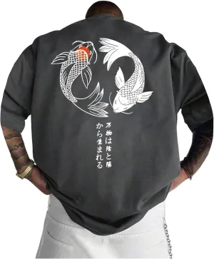 GORGLITTER Men's Japanese Letter Graphic Tee Top Oversized Short Sleeve Casual Aesthetic Print T-Shirt