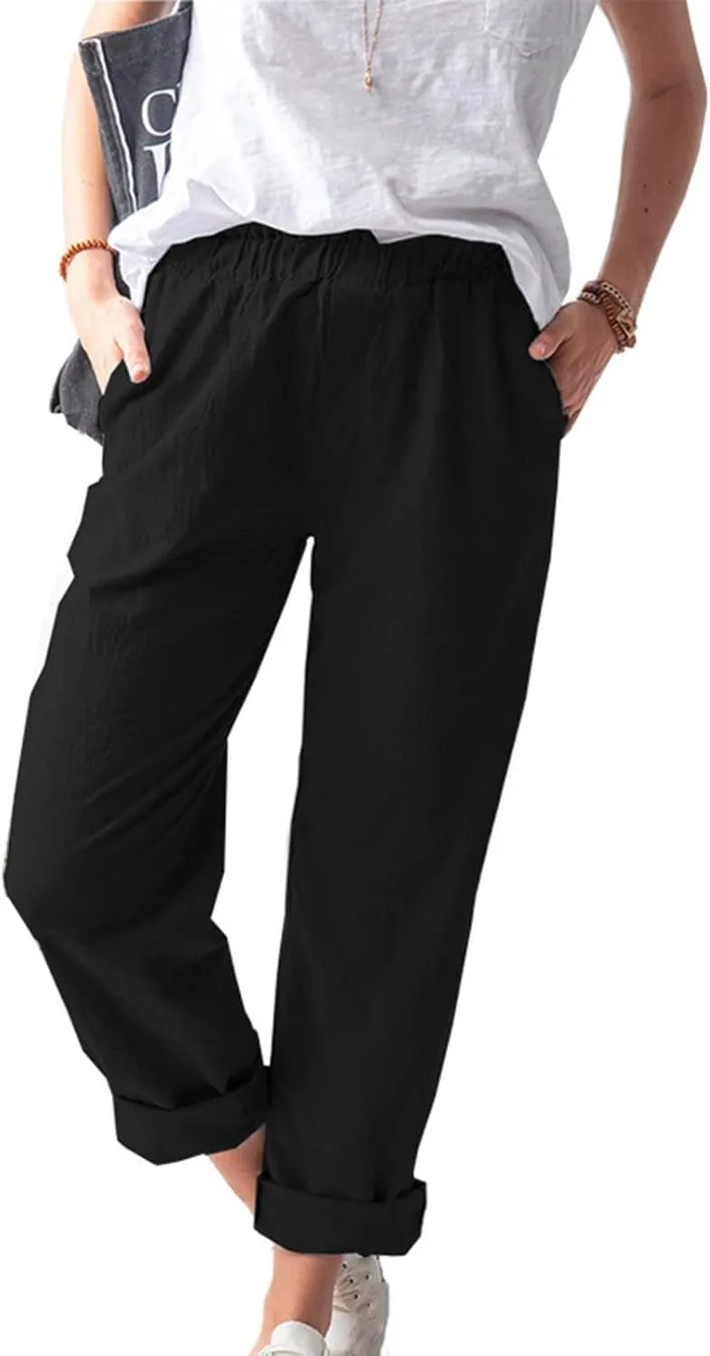 High Waisted Pants with Pockets for Women, Casual Elastic Waist Straight Wide Leg Pants Solid Comfy Trousers