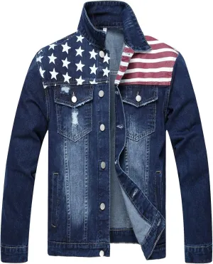 LZLER Denim Jacket Men American Flag Trucker Jackets Classic Slim Fit Jean Jacket for Men
