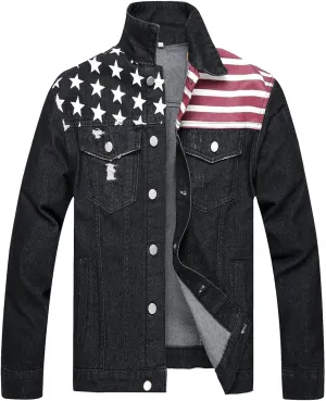 LZLER Denim Jacket Men American Flag Trucker Jackets Classic Slim Fit Jean Jacket for Men