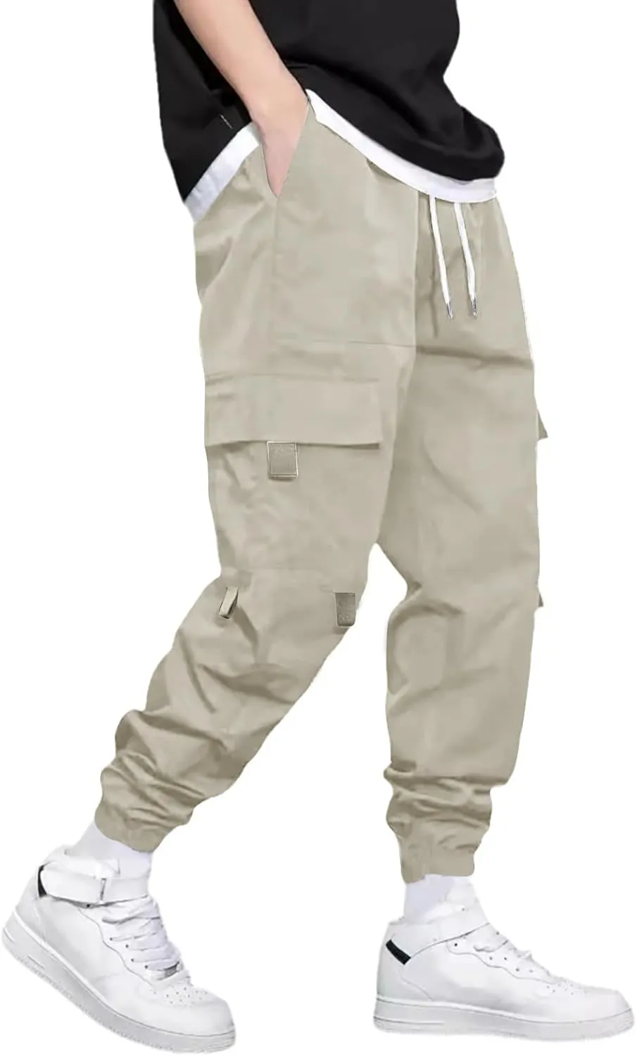 Mens Jogging Cargo Pants Big and Tall Elastic Waist Pants with Multi-Pocket Loose Drawstring Comfy Trousers