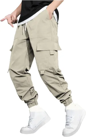 Mens Jogging Cargo Pants Big and Tall Elastic Waist Pants with Multi-Pocket Loose Drawstring Comfy Trousers