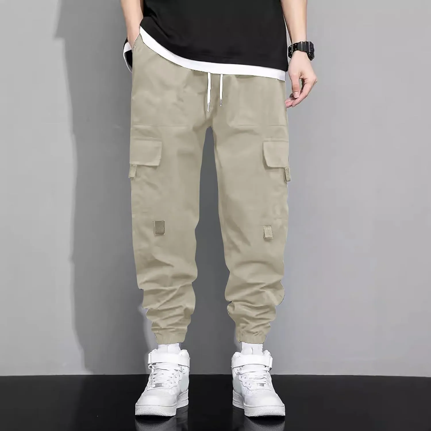 Mens Jogging Cargo Pants Big and Tall Elastic Waist Pants with Multi-Pocket Loose Drawstring Comfy Trousers