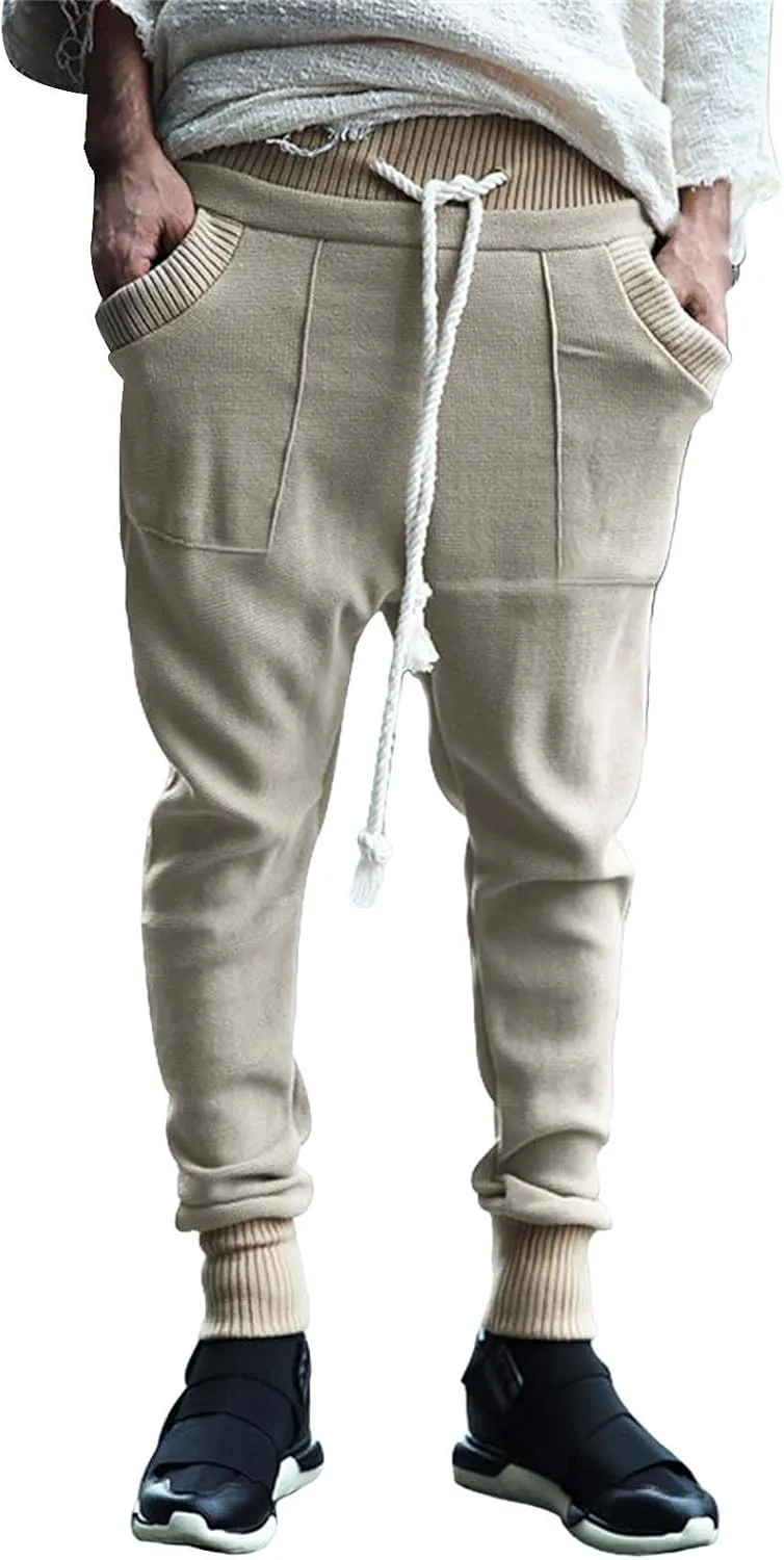 Mens Tapered Sweatpants Pocket Knitted Patchwork Harem Pants Slim Fit Comfy String Drop Crotch Home Lounge Trousers