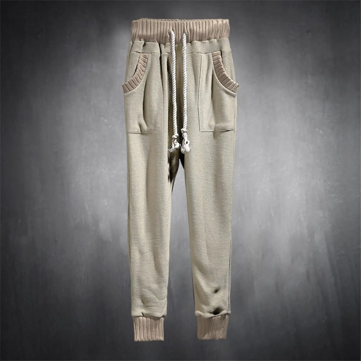 Mens Tapered Sweatpants Pocket Knitted Patchwork Harem Pants Slim Fit Comfy String Drop Crotch Home Lounge Trousers