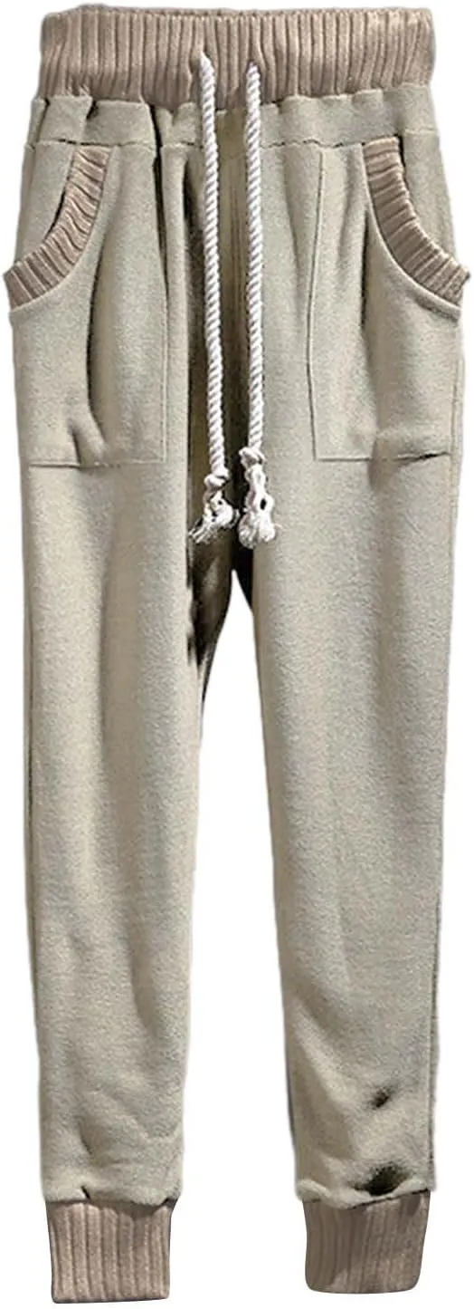 Mens Tapered Sweatpants Pocket Knitted Patchwork Harem Pants Slim Fit Comfy String Drop Crotch Home Lounge Trousers