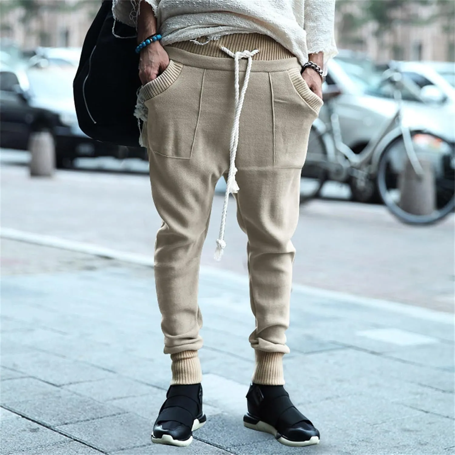 Mens Tapered Sweatpants Pocket Knitted Patchwork Harem Pants Slim Fit Comfy String Drop Crotch Home Lounge Trousers