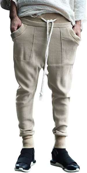 Mens Tapered Sweatpants Pocket Knitted Patchwork Harem Pants Slim Fit Comfy String Drop Crotch Home Lounge Trousers