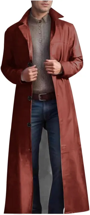 Mens Vintage Faux Leather Trench Coat Full Length Brown Classic Ww2 Military Leather Jacket Steampunk Moto Overcoat