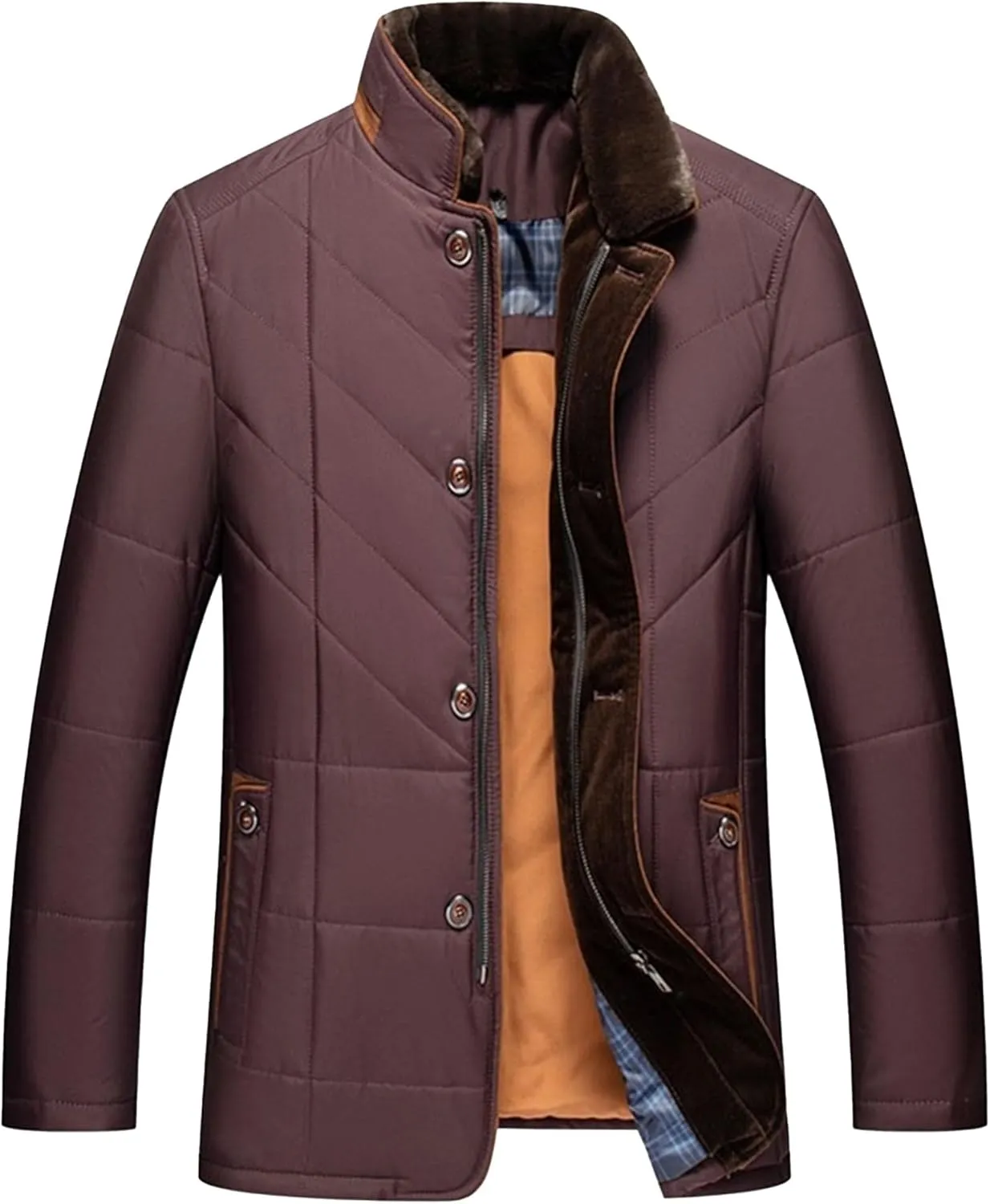 Mens Warm Silk Filled Jacket Classic Thickened Cotton Padded Jackets Fall Business Casual Winter Coat